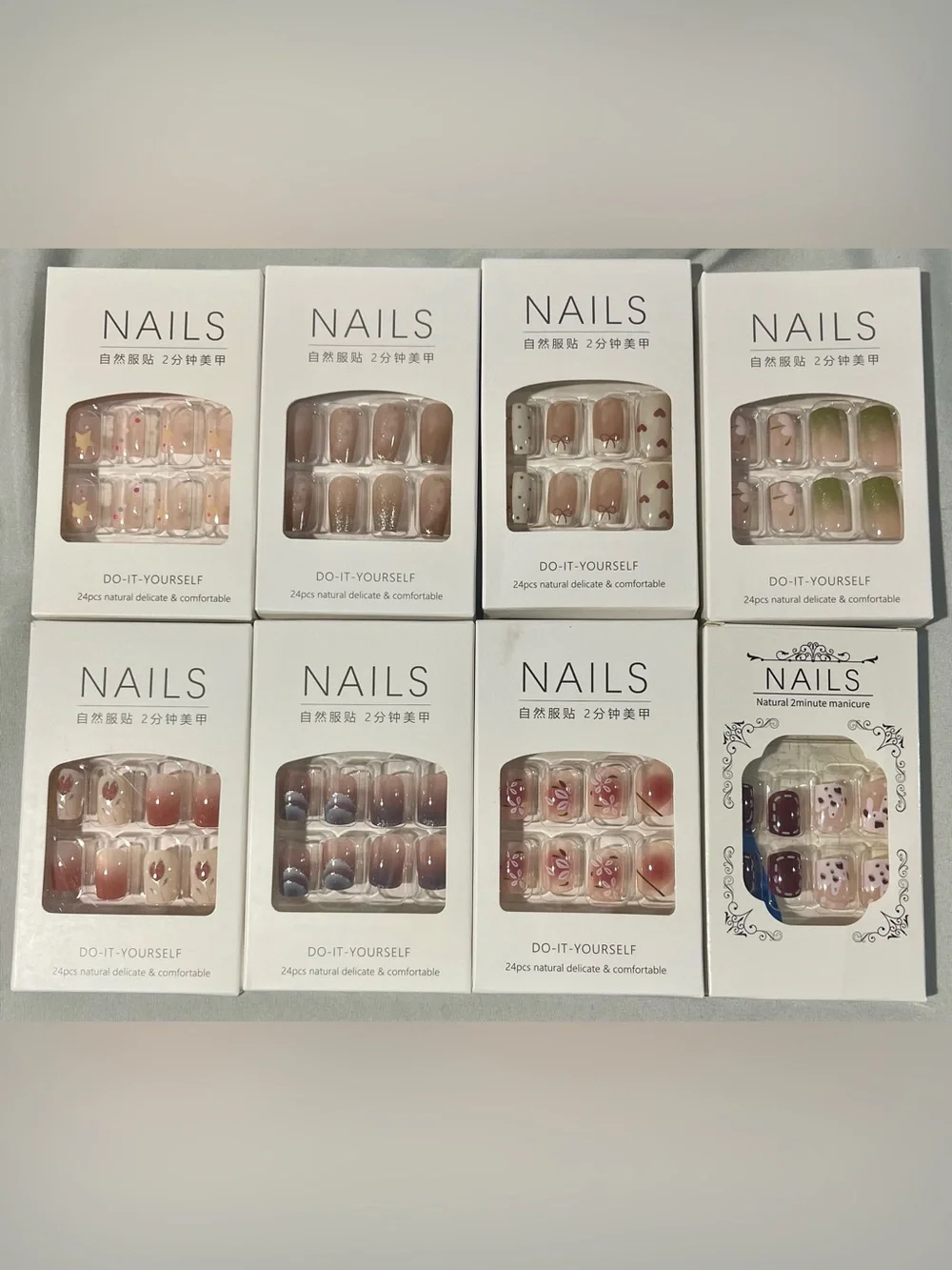 8 Pack- Do-It-Yourself Press-On Nail Set - Assorted Neutral & Pink Designs